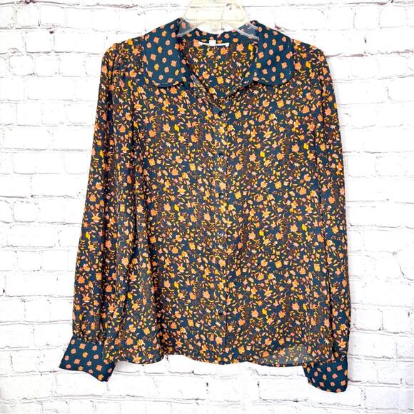 DR2 Wms Med Navy Blue Floral LS Button Up Blouse Dk. Cottagecore Career - Picture 1 of 9